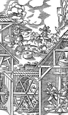 Crushing gold bearing ores in mills similar in principle to flour mills, 1556