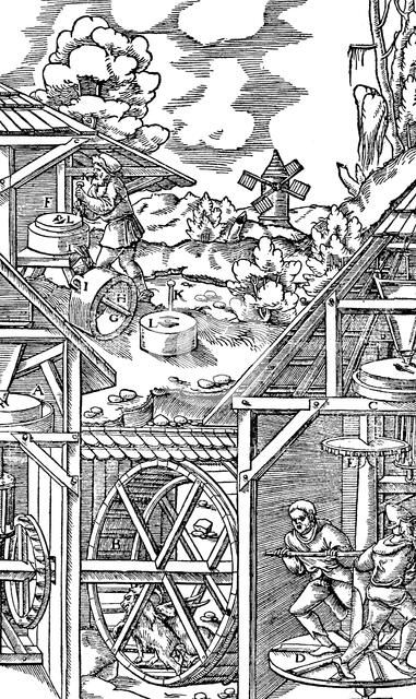 Crushing gold bearing ores in mills similar in principle to flour mills, 1556. Artist: Unknown