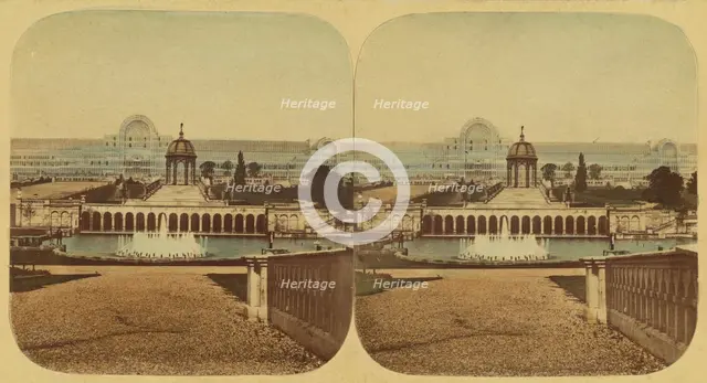 Crystal Palace - General View of The Palace, Cascades and Lower Fountains, 1850s. Creator: London Stereoscopic & Photographic Co.