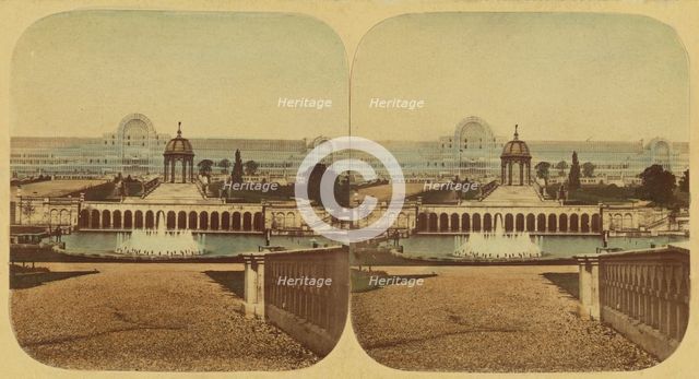 Crystal Palace - General View of The Palace, Cascades and Lower Fountains, 1850s. Creator: London Stereoscopic & Photographic Co.