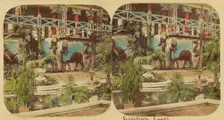 Crystal Palace - The Assyrian Court, viewed from beyond the Fountain Basin, 1850s. Creator: London Stereoscopic & Photographic Co