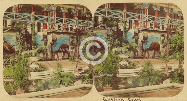 Crystal Palace - The Assyrian Court, viewed from beyond the Fountain Basin, 1850s. Creator: London Stereoscopic & Photographic Co.