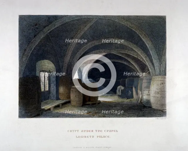 Crypt filled with barrrels under the chapel at Lambeth Palace, London, 1851.     Artist: John Wykeham Archer