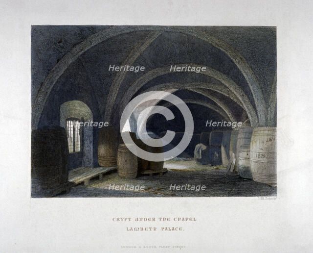Crypt filled with barrrels under the chapel at Lambeth Palace, London, 1851.     Artist: John Wykeham Archer