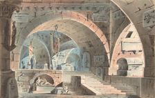 Crypt with a Kneeling Mourner, 1830-40. Creator: Anon