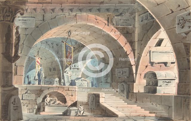 Crypt with a Kneeling Mourner, 1830-40. Creator: Anon.