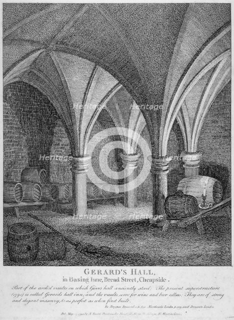 Crypt under Gerard's Hall on the south side of Basing Lane, City of London, 1795. Artist: John Thomas Smith