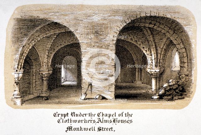 Crypt under the Chapel of the Clothworkers' Almshouses, Monkwell Street, City of London, c1825. Artist: Anon