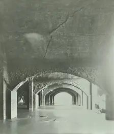 Cracks in the brickwork from wartime bombing, Beckton Sewage Works, London, 1946