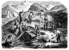Cradling for gold in the Californian gold fields, 1849