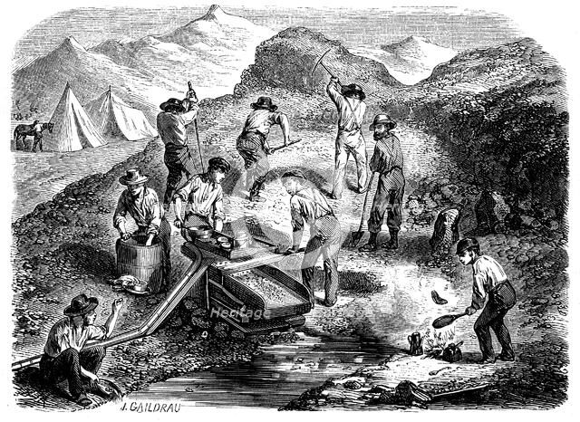 Cradling for gold in the Californian gold fields, 1849. Artist: Unknown