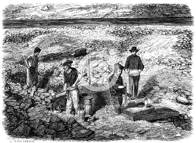 Cradling for gold in the Californian gold fields, 1849. Artist: Unknown