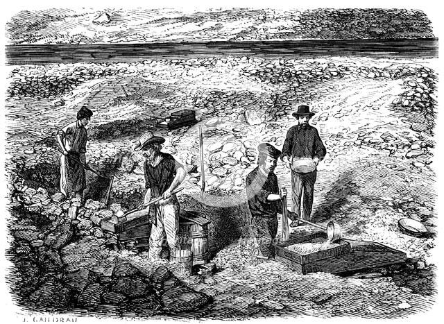 Cradling for gold in the Californian gold fields, 1849. Artist: Unknown