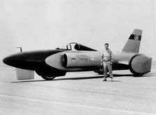 Craig Breedlove with Spirit of America Land Speed Record car, c1963