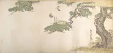 Crane and Their Young in Their Nest in the Branches of a Pine-tree, ca. 1790. Creator: Utagawa Toyoharu