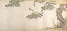 Crane and Their Young in Their Nest in the Branches of a Pine-tree, ca. 1790. Creator: Utagawa Toyoharu