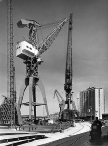 Cranes at Kockums shipyard, Malmö, Sweden, 1940s. Creator: Unknown