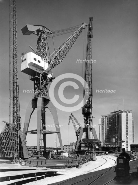 Cranes at Kockums shipyard, Malmö, Sweden, 1940s. Creator: Unknown.