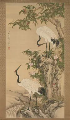 Cranes, Peach Tree, and Chinese Roses, early 18th century. Creator: After Shen Quan (Chinese, 1682-after 1762)