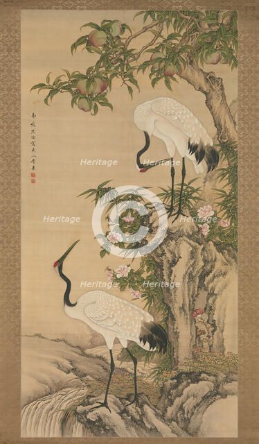 Cranes, Peach Tree, and Chinese Roses, early 18th century. Creator: After Shen Quan (Chinese, 1682-after 1762).