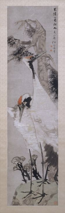 Cranes, Pine Tree, and Lichen, dated 1885. Creator: Ren Yi