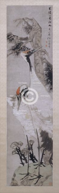 Cranes, Pine Tree, and Lichen, dated 1885. Creator: Ren Yi.