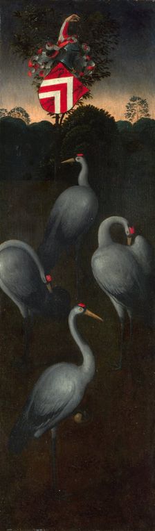 Cranes with the coat of arms of the Pagagnotti family (The reverse of a Panel from a Triptych), c. 1480. Artist: Memling, Hans (1433/40-1494)
