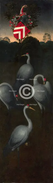 Cranes with the coat of arms of the Pagagnotti family (The reverse of a Panel from a Triptych), c. 1480. Artist: Memling, Hans (1433/40-1494)