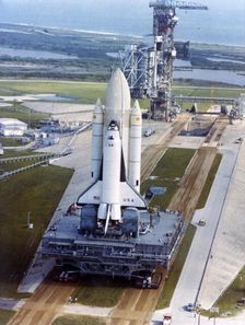 Crawler moving Space Shuttle to launch complex 39, Kennedy Space Center, USA, 1980s. Creator: NASA