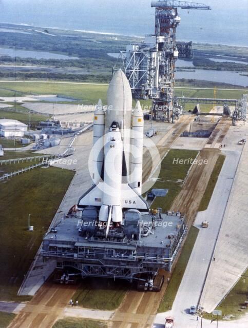 Crawler moving Space Shuttle to launch complex 39, Kennedy Space Center, USA, 1980s. Creator: NASA.