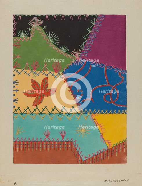 Crazy Quilt Detail, c. 1939. Creator: Ruth M Barnes.