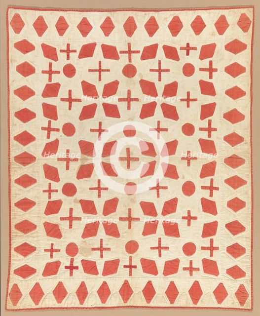 Cream and red appliqued quilted bedcover, ca. 1850. Creator: Unknown.