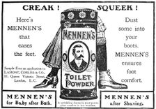 Creak! Squeek! Mennen's Toilet Powder - dust some into your boots, 1909. Creator: Unknown