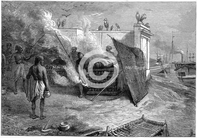 Cremation of the dead on funeral pyres, Calcutta, India, 1879. Artist: Unknown