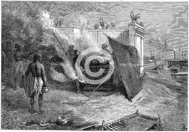 Cremation of the dead on funeral pyres, Calcutta, India, 1879. Artist: Unknown
