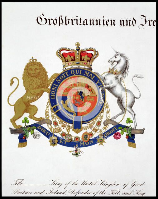 Crest of the King of the United Kingdom of Great Britain and Ireland and Hanover, 19th century. Artist: Unknown