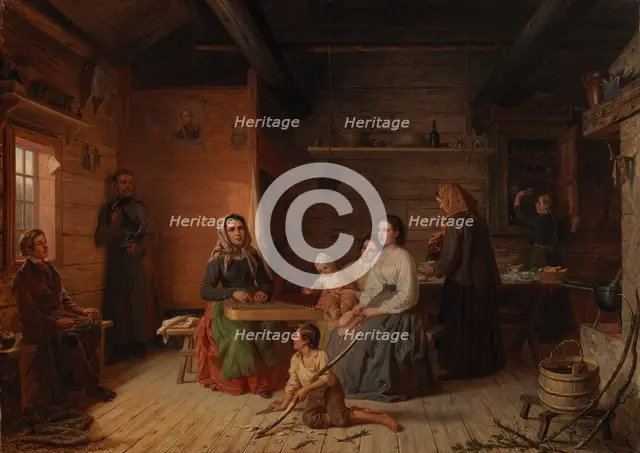 Crete Haapasalo Playing the Kantele in a Peasant Cottage, 1868. Creator: Robert Wilhelm Ekman.