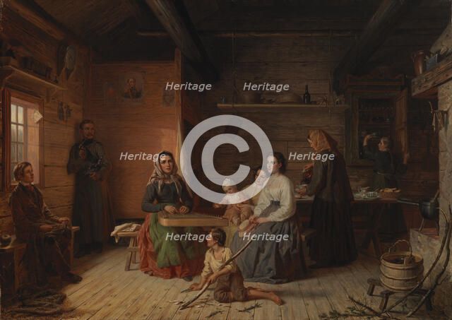 Crete Haapasalo Playing the Kantele in a Peasant Cottage, 1868. Creator: Robert Wilhelm Ekman.