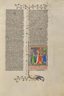 Creusa Receiving the Burning Jewelry from Medea; Des cas des nobles hommes et femmes, about 1413-15. Creators: Boucicaut Master, Workshop of the Boucicaut Master