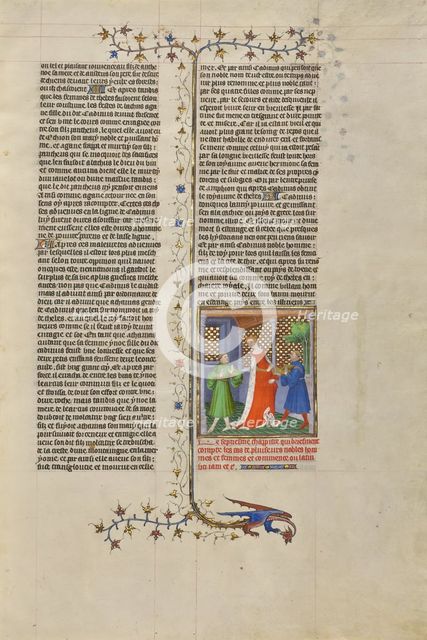Creusa Receiving the Burning Jewelry from Medea; Des cas des nobles hommes et femmes, about 1413-15. Creators: Boucicaut Master, Workshop of the Boucicaut Master.