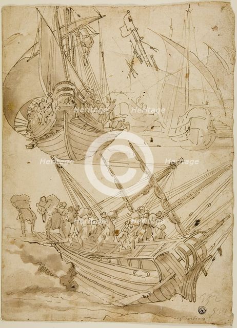 Crew Abandoning Ship (recto) Sketches of Corinthian Columns (verso), c.1600. Creator: Lazzaro Tavarone.