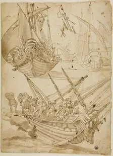 Crew Abandoning Ship (recto) Sketches of Corinthian Columns (verso), c.1600. Creator: Lazzaro Tavarone