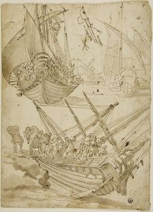 Crew Abandoning Ship (recto) Sketches of Corinthian Columns (verso), c.1600. Creator: Lazzaro Tavarone