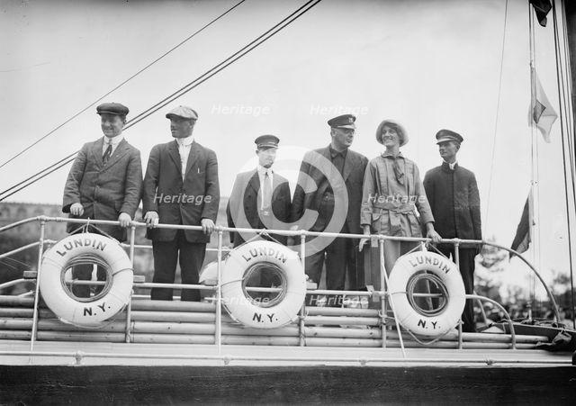 Crew of Lundin Boat, A.J. Meldrum, Chas. Kliktherg, Walter Patterson, E. Sivard & wife..., 1914. Creator: Bain News Service.
