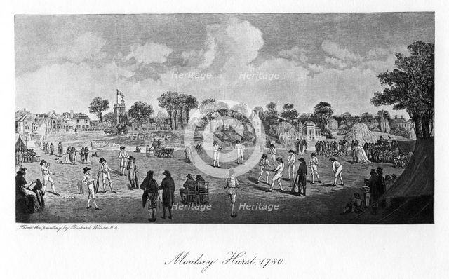 Cricket at Moulsey Hurst, 1780, (1912). Artist: Unknown