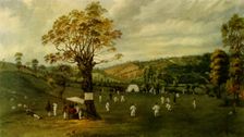Cricket Match Between Nottingham and Leicester, c.1829 (1947). Creator: Unknown