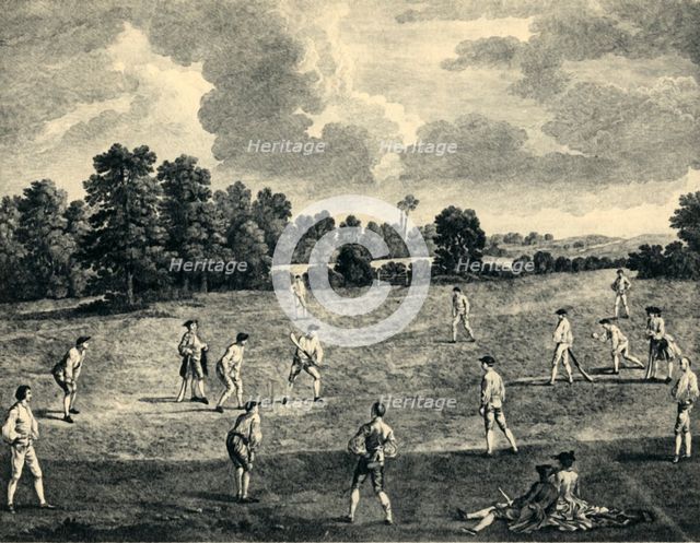 'Cricket Match in Mary-Le-Bone Fields, 1748', (1947).  Creator: Charles Grignion.