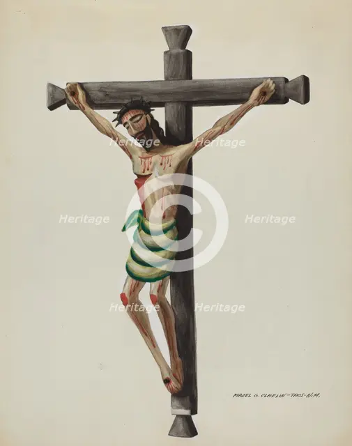 Cristo, Carved and Painted, on Black Carved Wooden Cross, c. 1937. Creator: Majel G. Claflin.