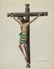 Cristo, Carved and Painted, on Black Carved Wooden Cross, c. 1937. Creator: Majel G. Claflin