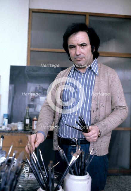 Cristobal Toral (1940 -) Spanish Painter in his study in Madrid, photo of 1987.